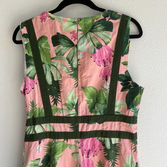Farm Rio FLAWED Palm Jumpsuit Women’s M Pink Green Floral Wide Leg Deep V - Picture 10 of 14